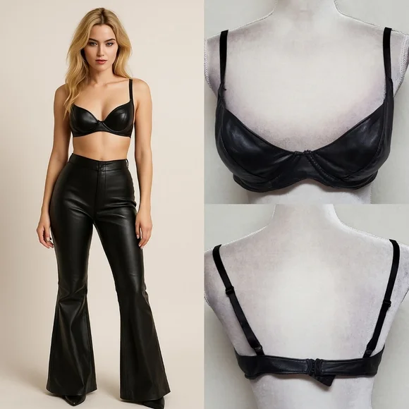 Spartacus Leathers of Oregon Rare Black Leather Low Cut Demi Balconette Bra 38C - Picture 1 of 14